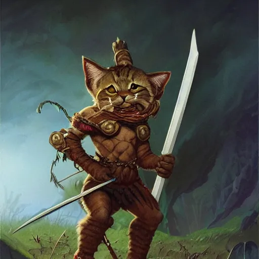 Image similar to ( ( ( full length portrait of tabby tabaxi warrior, halberd poleaxe ) ) ), d & d, tyler jacobson, greg rutkowski, frank frazetta, alexandre chaudret, boris vallejo, michael whelan, miro petrov, magali villeneuve, donato giancola