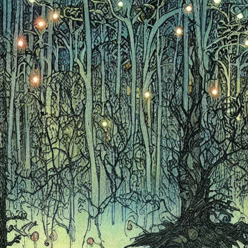 Prompt: Forest at night with floating lights, magical, by Rebecca Guay