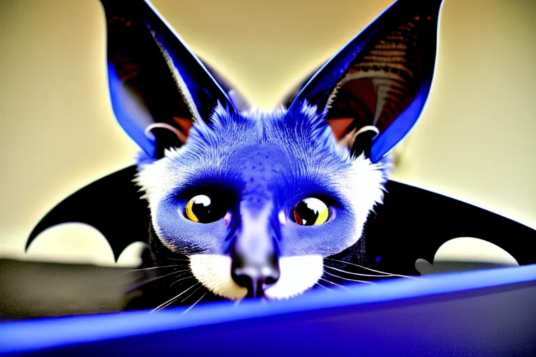 Image similar to a blue - and - black male catbat fursona with blue / green heterochromatic eyes and huge bat ears, photo of the catbat streaming on his computer