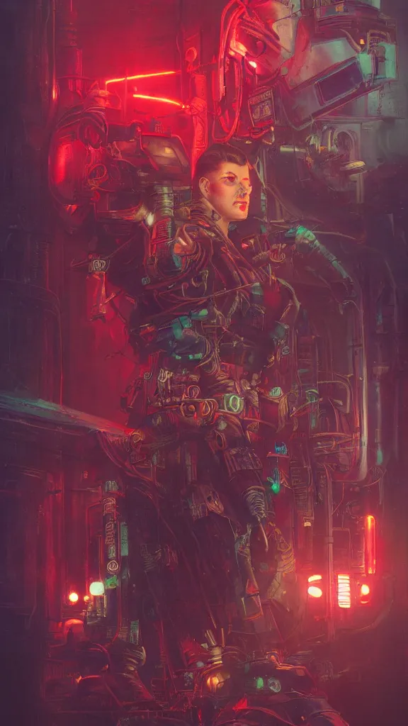 Image similar to concept art, retro - futurist steampunk pilot portrait, imperious, octane render, heroic, artstation, dramatic neon lighting, glowing imperial motifs, eerie, mysterious, red turquoise accents, bladerunner, by gerald brom, james jean, syd mead, akihiko yoshida, cinematic