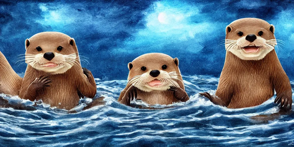 Image similar to A pair of adorable otters falling in love holding hands side by side, all alone in the middle of a huge storm at sea, fantasy illustration, cinematic, dreamlike, Award winning, romance, detailed trending on art station masterpiece