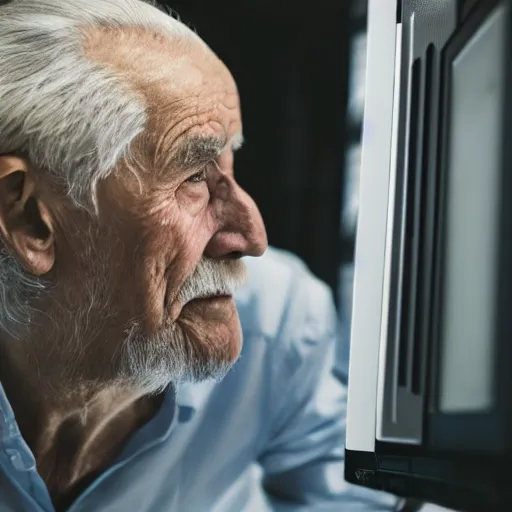 Prompt: old man staring at a highly advanced computer , old photo , HD , 4k