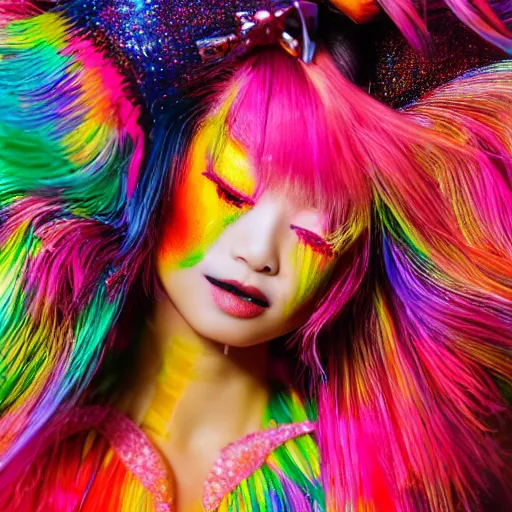 Image similar to japanese model with maximalist hair style and makeup, bright colors, fashion model, portrait shot, glitter, depth of field, 8 k, hyper detailed, intricate, trending on artstation