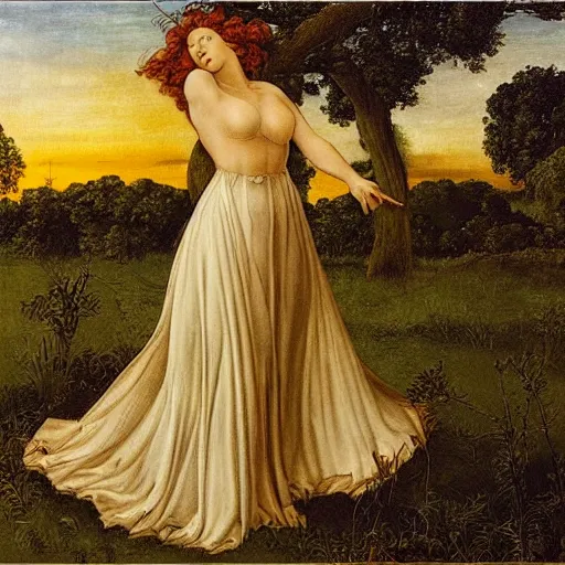 Prompt: scarlett johanson, spring, oak trees, sunset, by boticelli