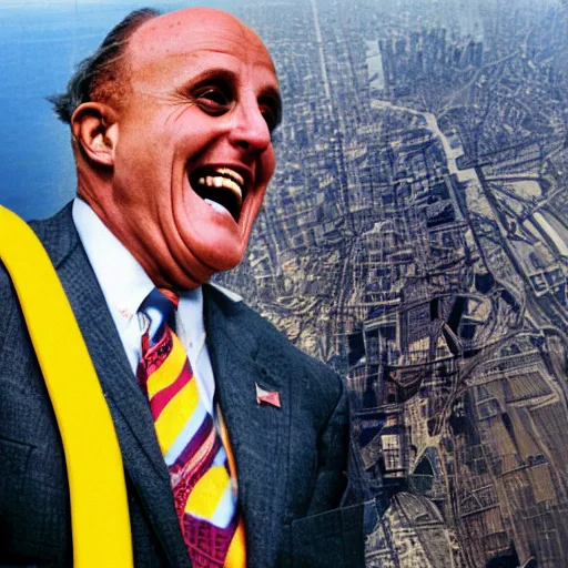 Prompt: a hyper detailed realistic color photograph of Rudy Giuliani laughing maniacally wearing a yellow speedo squatting acting sensually and acting inappropriately on top of the world trade center rubble pile