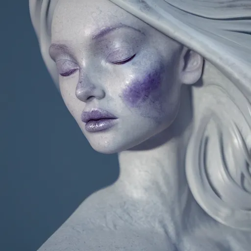 Image similar to abstract female sculpture made of white marble and amethyst crystals quartz, ethereal lights, fine details, artstation. com, film still, cinematic, super model photo shooting, luxury, strong wind blowing, dark mood, sad, cold colors, golden filigree, octane render, lens flare