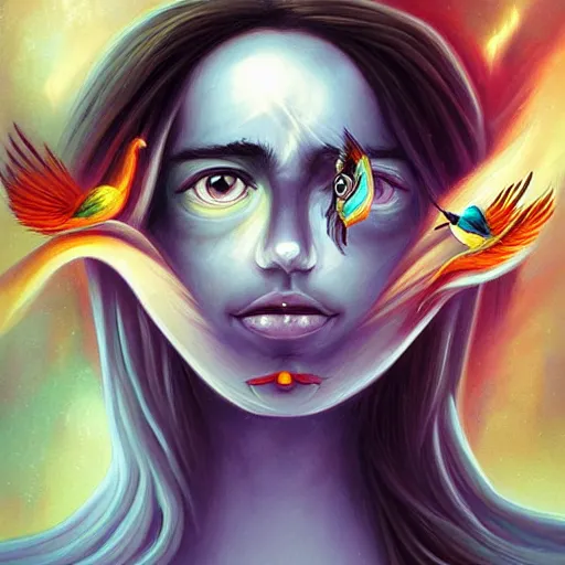 Image similar to by cyril rolando sigma 8 5 mm f / 1. 4, ghostly fresco. a beautiful painting of a human face with a bird's beak protruding from the forehead.