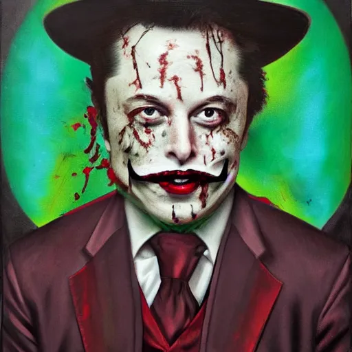 Prompt: elon musk as the grim-hatter with evil mustache grinning, cinematic, dark oil paint, realistic flavor, decaying rich colors!, photograph by tesla