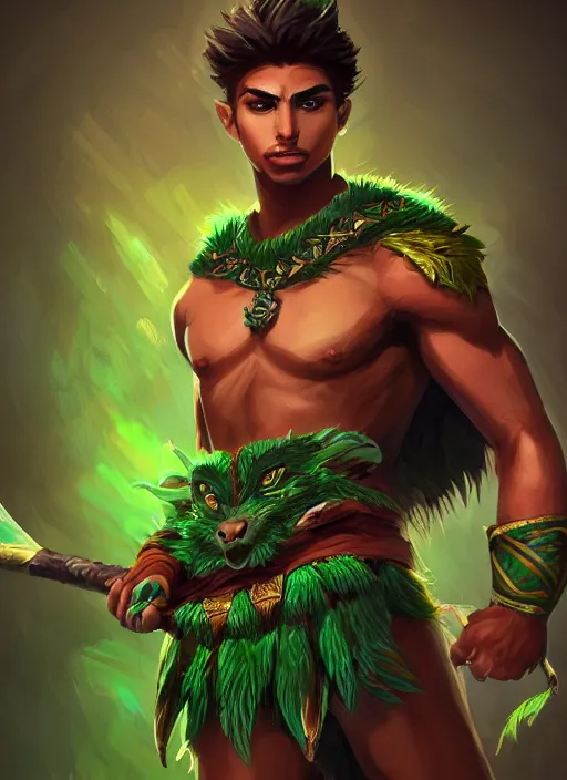 Image similar to a highly detailed illustration of fierce attractive young tanned green haired tribal boy wearing green wolf cape, heroic wielding club pose, muscular, intricate, elegant, highly detailed, centered, digital painting, artstation, concept art, smooth, sharp focus, league of legends concept art, wlop