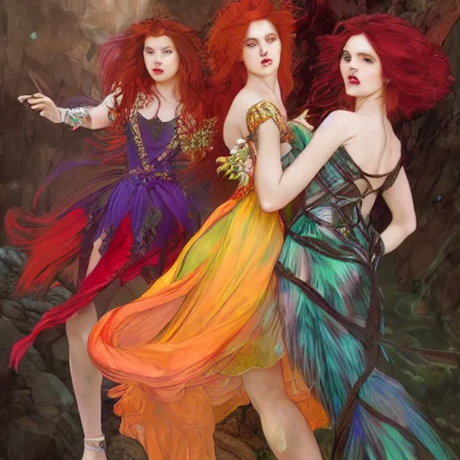 Image similar to an extremely detailed portrait of four polyamorous red haired vampire queens wearing bright multi colored dresses and dancing in a cave behind a waterfall, epic fantasy, viewed in profile from far away, sharp focus, detailed face, art by greg rutkowski and alphonse mucha, volumetric lighting, 4 k resolution, trending on artstation, masterpiece