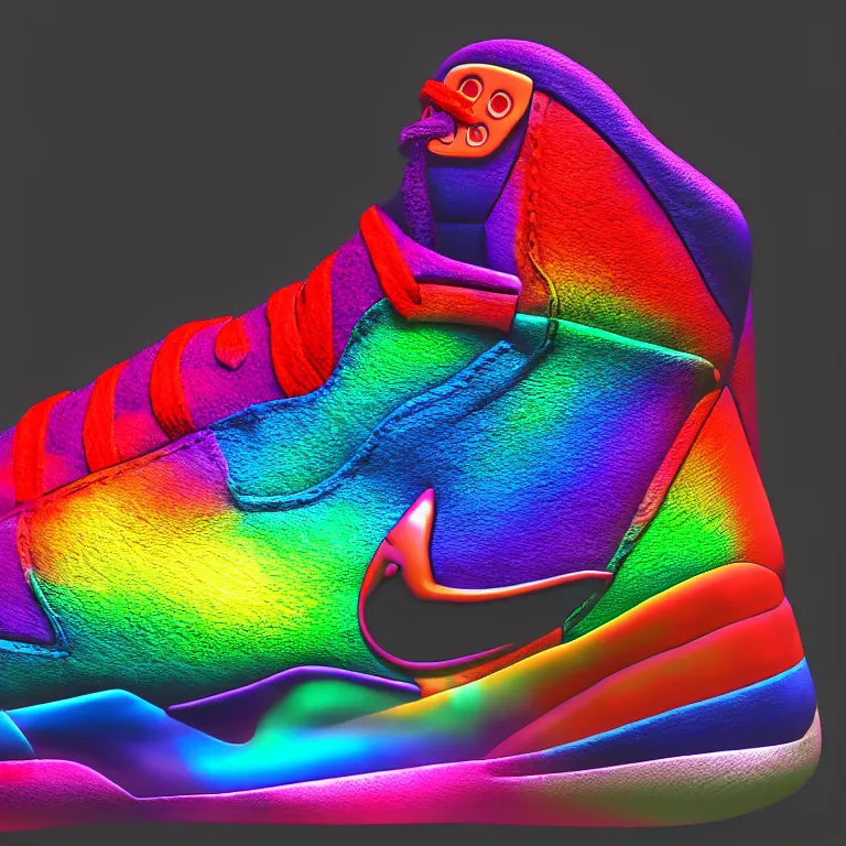 Image similar to photography of a realistic rainbow color air jordan sneaker, ultra detailed, 8 k, cinematic lighting, natural background, trending on artstation