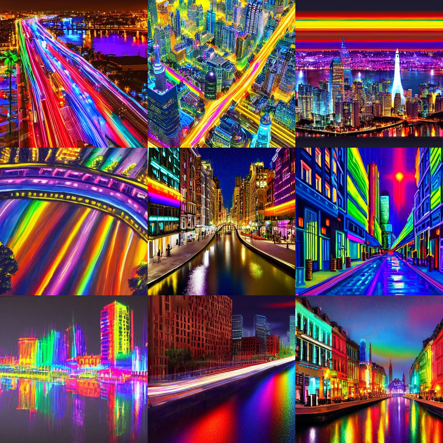 Prompt: city at night, high detail, high modernization, ultra mega super hyper lighting bright colors of the rainbow, ultra mega super hyper realistic