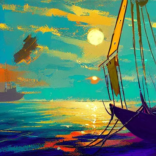 Image similar to A pirate on the high seas that has magical pearlescent shimmering see through sails, painting by Alena Aenami