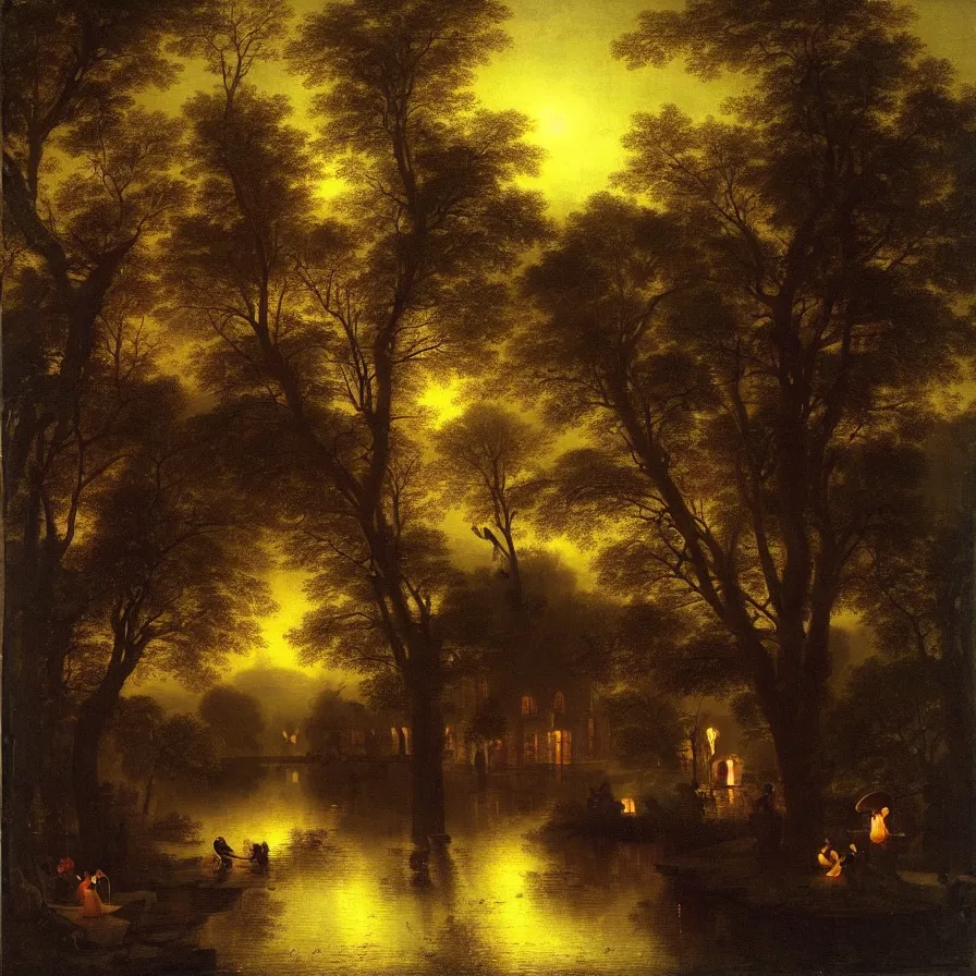 Prompt: a night carnival around a magical tree cavity with a rounded scenario with many fireworks and christmas lights, with a surreal orange moonlight, next to a lake with iridiscent water, volumetric lightning, folklore people disguised as fantastic creatures in a magical forest by summer night, masterpiece painted by pieter de hooch, scene by night, dark night environment, refraction lights, glares