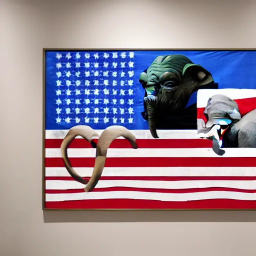 Prompt: elephant yoda as potus American flag, modern art placed in a large living room, art designers magazine HD photo superrealism 3d 8k resolution