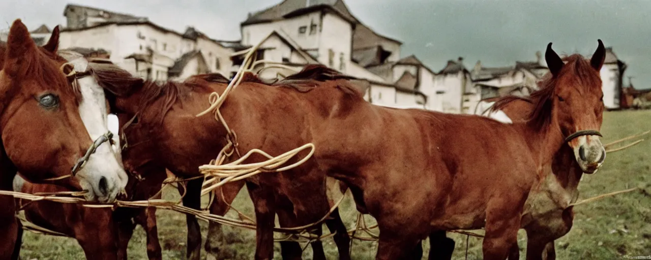 Prompt: horses eat spaghetti, world war 1, canon 5 0 mm, kodachrome, in the style of wes anderson, retro