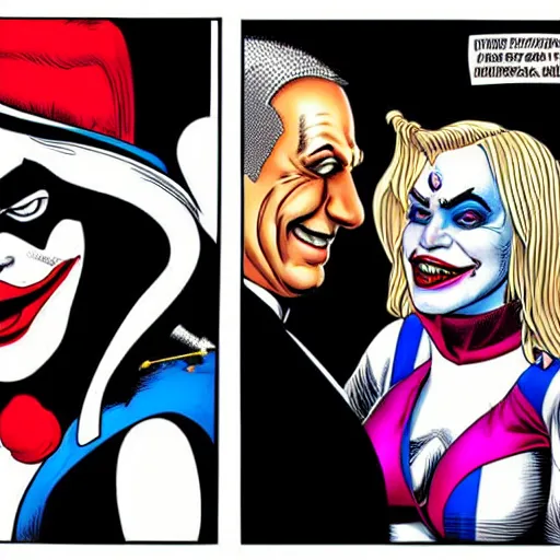 Prompt: Portrait of Benjamin Netanyahu as the Joker and Sara Netanyahu as Harley Quinn by Brian Bolland