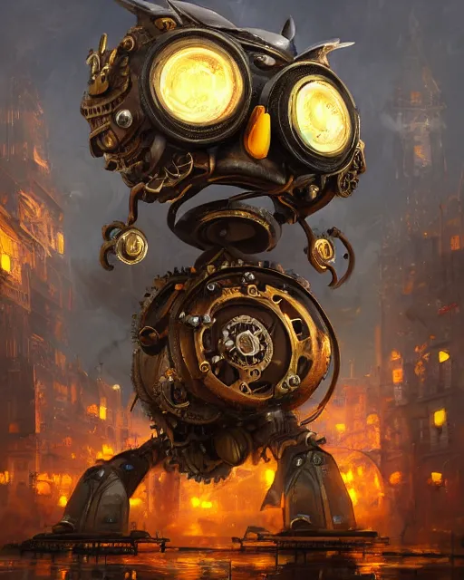 Image similar to oil painting of Gigantic Steampunk Owl Robot sharp focus, exploding golden steampunk city background, fantasy style, octane render, volumetric lighting, 8k high definition, by greg rutkowski, highly detailed, trending on art Station, magic the gathering artwork, centered, dramatic artwork, combat scene