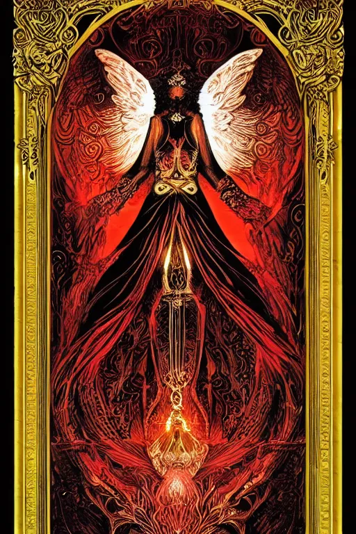 Prompt: Angel in the Light + black paper + elements + red + gold + neon + baroque + rococo + white + orange+ ink + tarot card with ornate border frame + marc Simonetti, paul pope, peter mohrbacher, detailed, intricate ink illustration