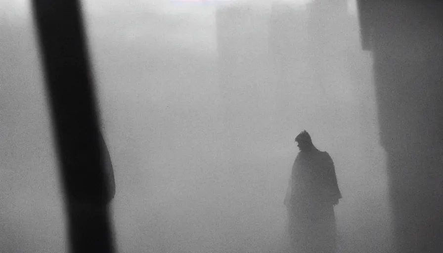 Prompt: movie still by akira kurosawa of a man in white drapery in a blood barque on a river next to a spherical skyscraper city, leica sl 2 5 0 mm b & w, heavy grain, high quality, high detail, fog, mud
