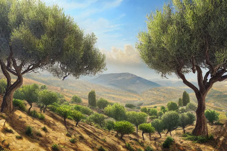 Prompt: beautiful amazing mind-bending stunning inspiring painting of a traditional hilly rural town landscape with many olive trees!, fantasy, painted in photoshop, digital art, hyperrealistic, sharpened, highly detailed, cinematic, wide angle, warm lighting, trending on artstation