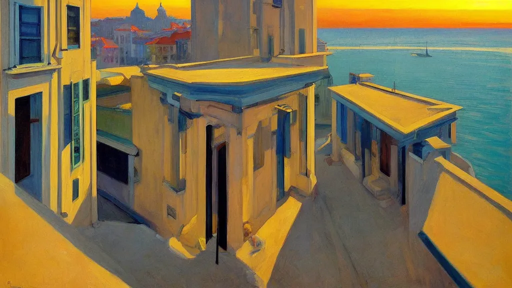 Image similar to street art. paralyzed by the indescribable beauty of the cosmos. amazing view of the sunrise from lisbon. art style by edward hopper daring, incredible