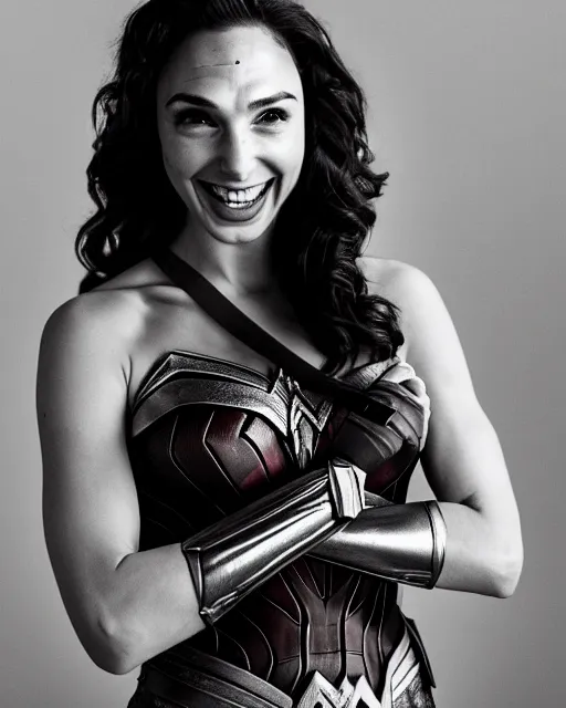 Image similar to gal gadot as she crinkles her nose while laughing, dressed as wonder woman, photorealistic, black and white photography, 2 0 0 mm nikkor m f / 5. 6, 4 x 5 film, bokeh