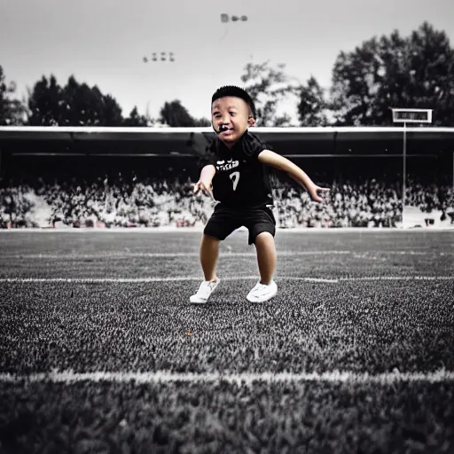 Prompt: Justin Sun kicking a baby field goal, professional football photography