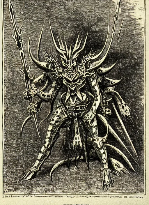 Prompt: illustration of metal wargraymon as a demon from the dictionarre infernal, etching by louis le breton, 1 8 6 9, 1 2 0 0 dpi scan, ultrasharp detail, clean scan