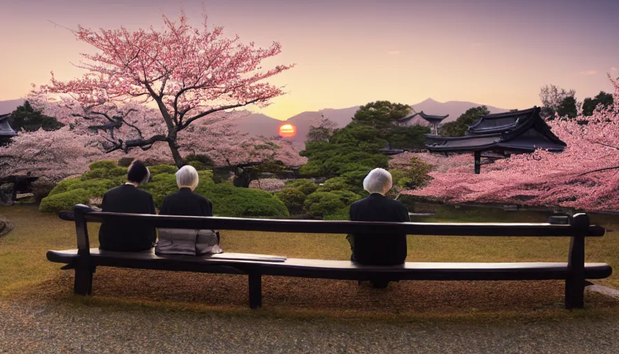 Image similar to back view of an old japanese couple sit on the bench, sunset, japanese village, cherry blossomns, shingo araki, hyperdetailed, artstation, cgsociety, 8 k