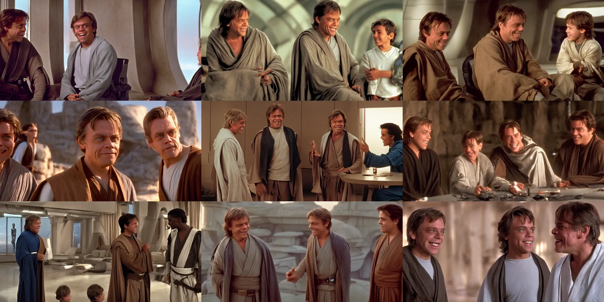 Prompt: A full color still of clean shaven smiling Mark Hamill as Jedi Master Luke Skywalker talking with a a young black padawan, there are large windows showing a sci-fi city outside, at dusk, at golden hour, from The Phantom Menace, directed by Steven Spielberg, 1999