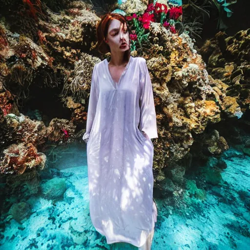 Prompt: a long and loose dress, not worn, underwater together with some flowers