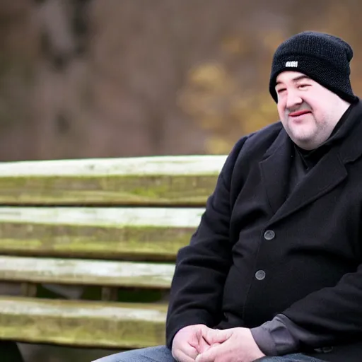 Image similar to Kevin Malone wearing a black beanie hat and black wool overcoat sitting on a park bench during the winter