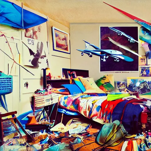 Image similar to a painting of a young teenagers messy bedroom, model airplanes, posters of airplanes, jets, kites, pile of clothes, un made bed, magazines, papers