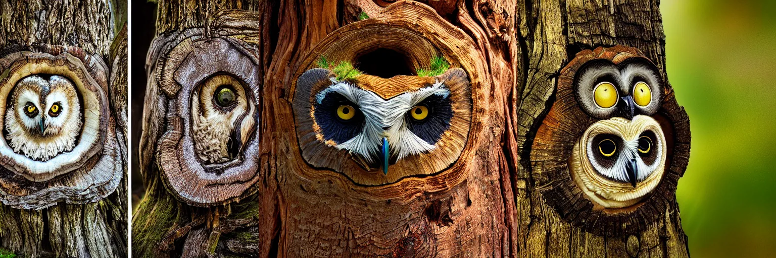 Prompt: on rings of tree stump owl face tree stump rings in the style of Marc Adamus