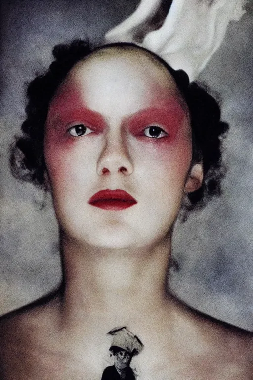 Image similar to hyperrealism close - up fashion portrait by roversi photo from the holy mountain by alejandro jodorowsky in style of francisco goya