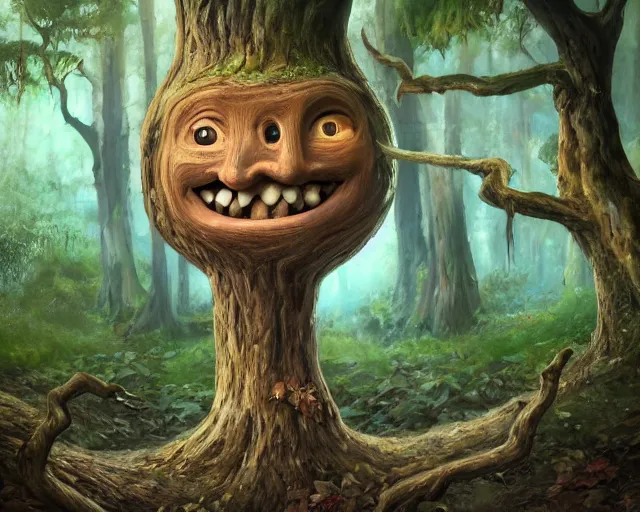 Image similar to a talking tree, a smiling face in the bark, nose made of wood, mouth in the bark, eyes in the bark, fantasy concept art, fantasy oil painting, hyperrealistic, magical, highly detailed, artstation, cgsociety, in the forest