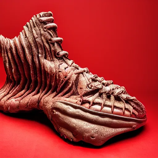Image similar to horned HR giger esque Yeezy shoe design inspired by the red depths and torture of Hell and Satan, product photography, sneaker photo, studio lighting, professional photoshoot