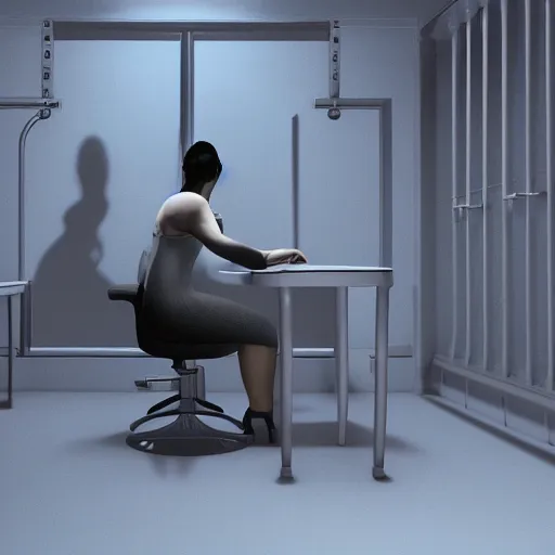 Image similar to cinema 4D cinematic render, ultra detailed, elegant, of a person inside a jail cell sitting with a desk and CRT monitor, 4K concept art, detailed, dark setting, cinematic lighting, light shining through the jail cell, casting shadows, trending on art station, old computer monitor, stressful, working, hyper realistic, ultra detailed, unreal engine, 8K post production