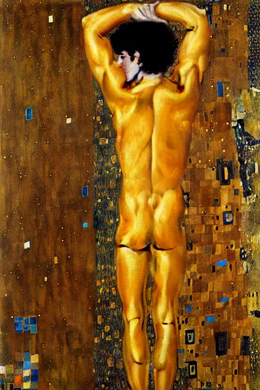 Image similar to A man wearing golden clothes, muscular, fantasy, painting by Gustav Klimt