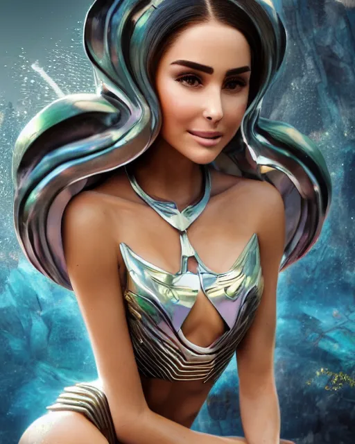 Prompt: Olivia Culpo as Miku, clear makeup, clean hair, dry skin, clear skin, airbrushed, bright eye makeup, warrior body, photo by mario testino, 8k octane render, cinematic, hyper detailed, micro details, insanely detailed, trending on artstation, concept art, Peter Paul Rubens and Peter Mohrbacher style