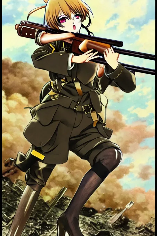 Prompt: anime key visual of tanya degurechaff aiming down a bolt action rifle, official digital media illustrated by artist so - bin, 1 9 1 8 colorized footage of the great war, trenches bombs, trending on artstation