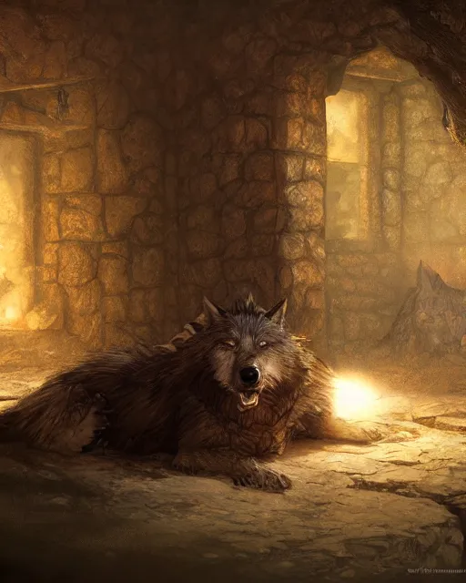 Prompt: medieum shot of a warg dire wolf sleeping on a mat in a corner of a adobe house, torchlit, concept art by marc simonetti and christophe vacher, trending on artstation