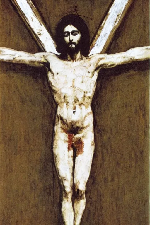 Image similar to jesus christ crucified painted by cy twombly and andy warhol