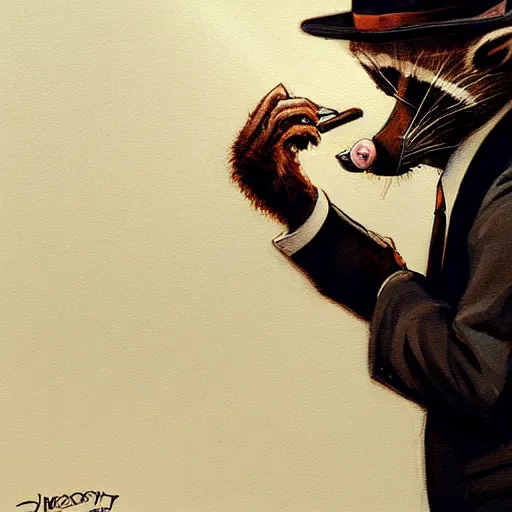 Image similar to a racoon wearing a suit smoking a cigar on his mouth, dramatic lighting, cinematic, establishing shot, extremly high detail, photorealistic, cinematic lighting, artstation, style by James Gurney