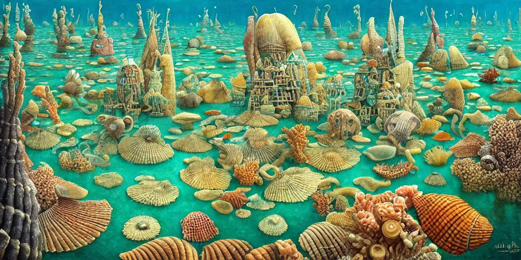 Prompt: underwater city inside!! the seashell, man in the swimming suit walks, seaweed, corals, carps, koi fish, small scandinavian!!! houses, little people!!!, by jacek yerka by levitan, surrealistic painting, masterpiece, oil painting, sharp focus, highly detailed, intricate, smooth, 8 k,