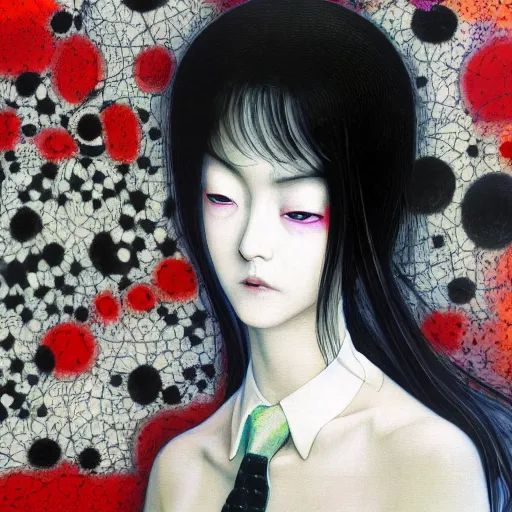 Image similar to yoshitaka amano blurred and dreamy realistic portrait of a woman with black eyes and white hair wearing dress suit with tie, junji ito abstract patterns in the background, satoshi kon anime, noisy film grain effect, highly detailed, renaissance oil painting, weird portrait angle, blurred lost edges, three quarter view