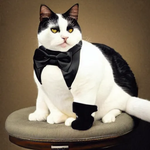 Image similar to photograph of a very fat and judgmental cat wearing a full tuxedo sitting in a dimly lit parlor lounge