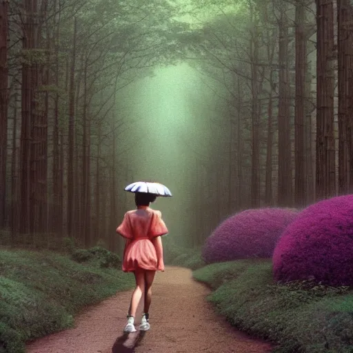 Image similar to A photo of a Ariana Grande walking through a rainbow forest in the style of the My Neighbor Totoro movie (1988)