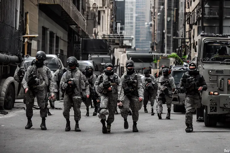 Image similar to Mercenary Special Forces soldiers in grey uniforms with black armored vest and helmets in urban warfare in New York 2022, Canon EOS R3, f/1.4, ISO 200, 1/160s, 8K, RAW, unedited, symmetrical balance, in-frame, combat photography